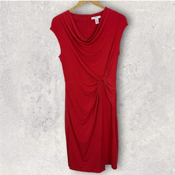 London Times Cowl Neck Side Twist Front Mini Dress Red Short Sleeves Size 6 Boho - Picture 3 of 6